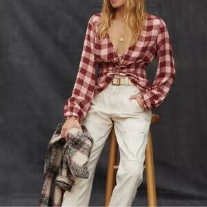 NWT Pilcro Anthropologie Plaid Deep V Neck blouse